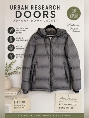 Urban Research DOORS Aurora Green Down Hooded Puffer Jacket Gray Japan Size 38